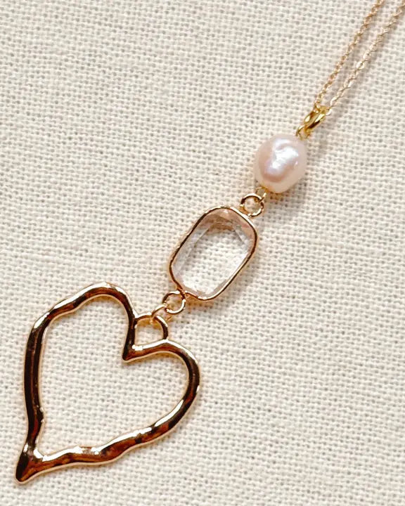 Gold Heart Outline Crystal Quartz Pendant