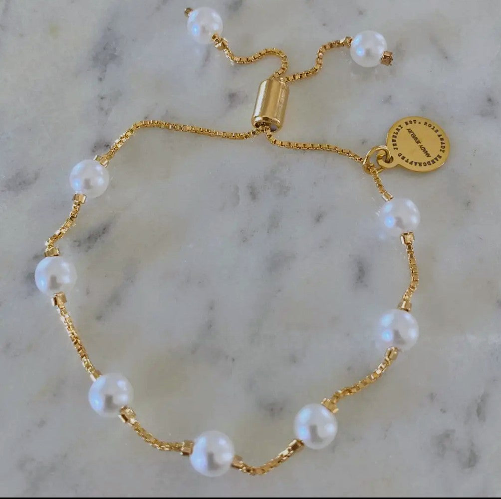 Pearl Drop Box Chain Bracelet