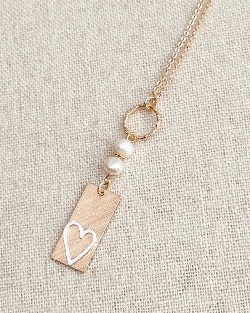 Two-Tone Heart Tag Pearl Necklace - Gold