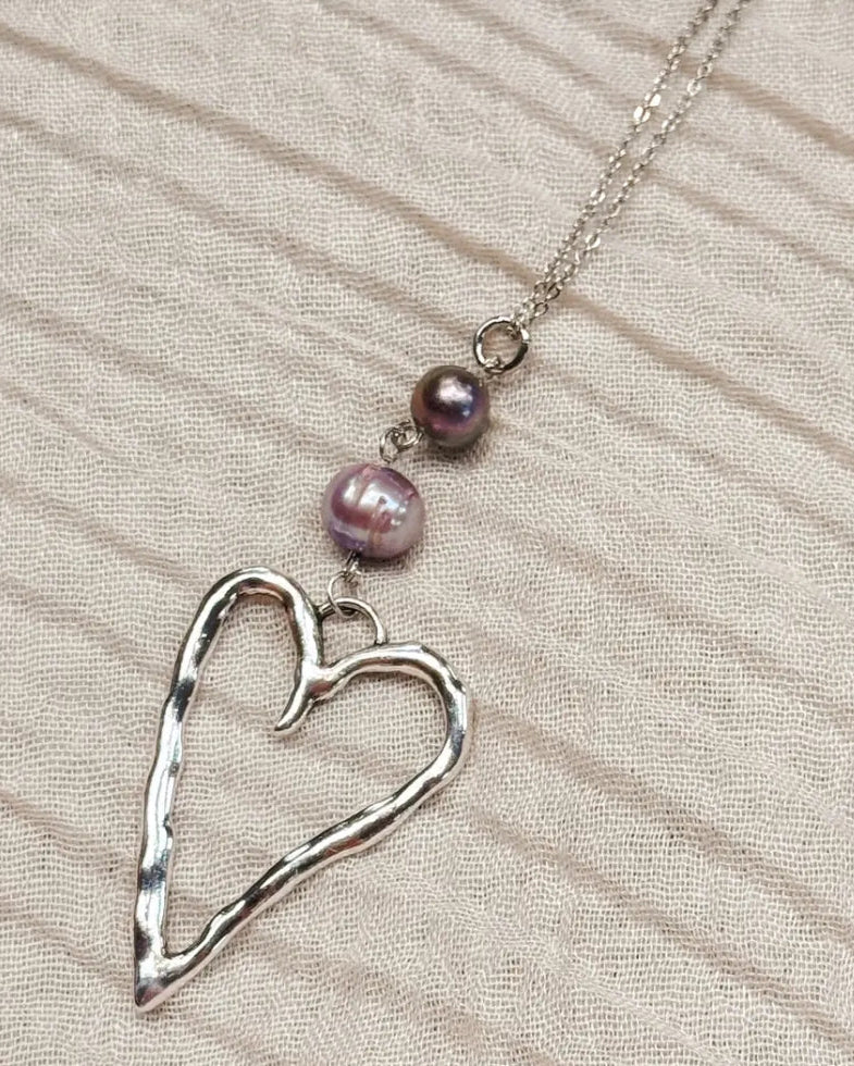 Hammered Heart Pearl Necklace
