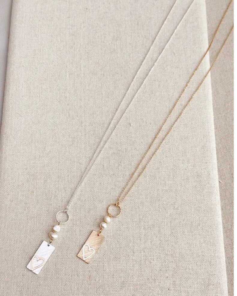 Two-Tone Heart Tag Pearl Necklace - Gold