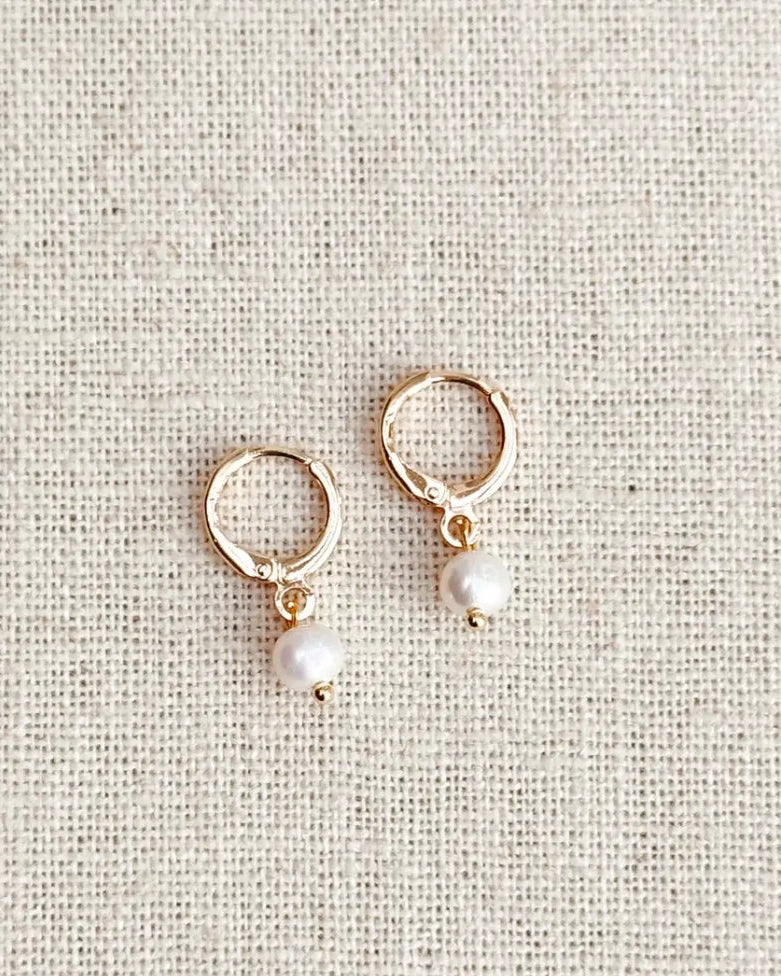 Yellow Gold Mini Pearl Drop Huggie Earrings