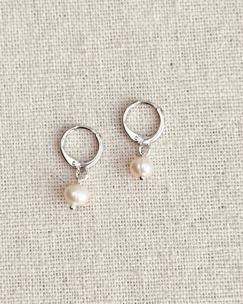 Silver Mini Pearl Drop Huggie Earrings
