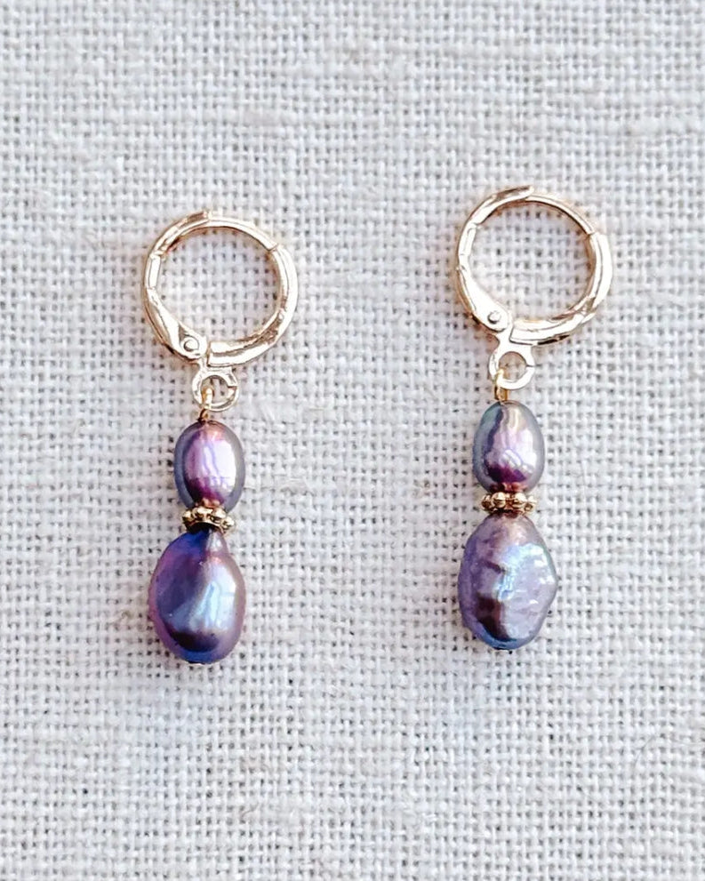 Purple Pearl Drop Huggie Earrings