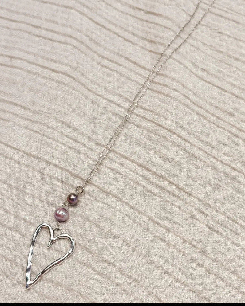 Hammered Heart Pearl Necklace